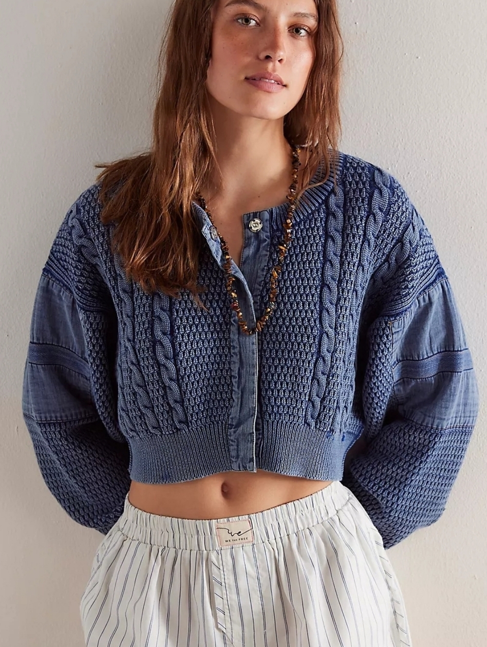 FREE PEOPLE X We The Free Indigo Heritage Knit Cropped Cardigan